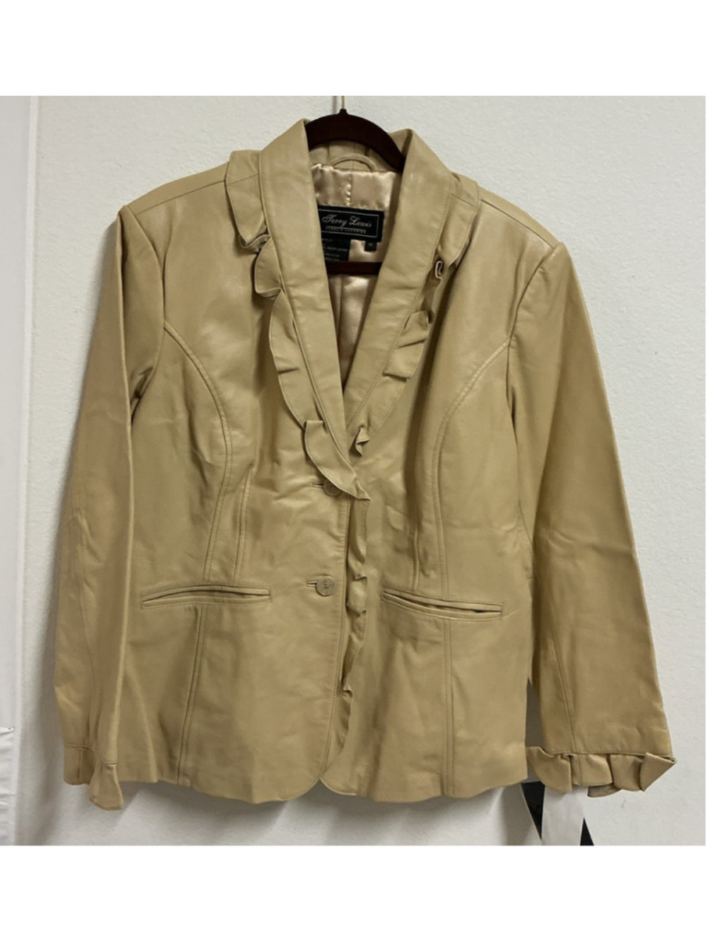 Terry Lewis Leather Jacket 1XWomens Cream Beige Ruffle Collar Blazer Fitted Coat